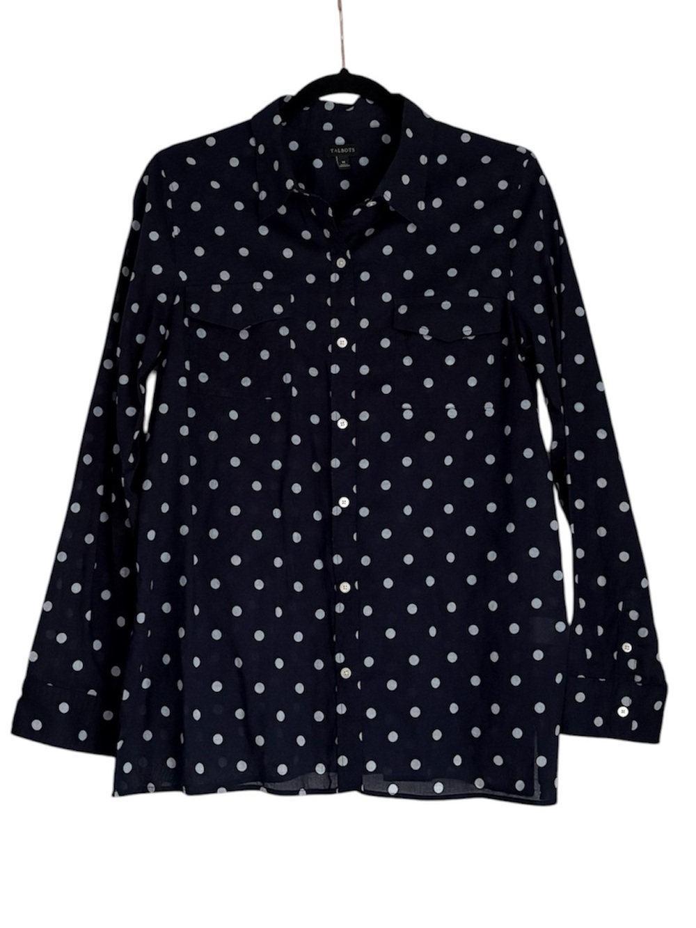 Talbots Navy Blue Polka Dot Button-Up Blouse